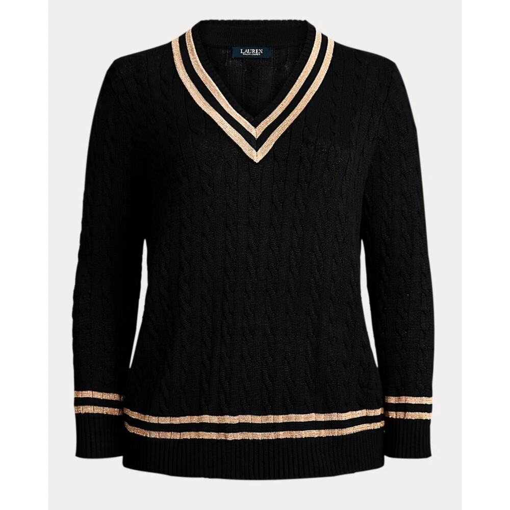 Lauren Ralph Lauren Metallic Cricket Sweater XXL Gold Trim V Neck Jumper